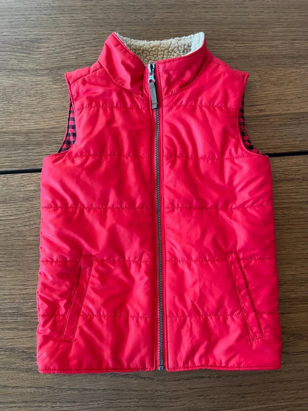Carter’s Kids Red Puffer Vest Size 6 Sherpa Lined Plaid